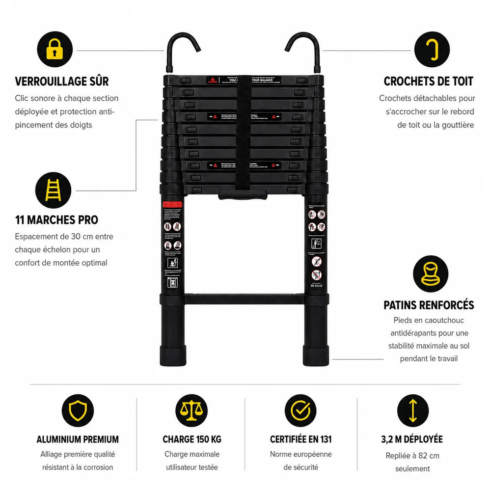 Échelle Télescopique 3,2m Noire Pro — photo 2