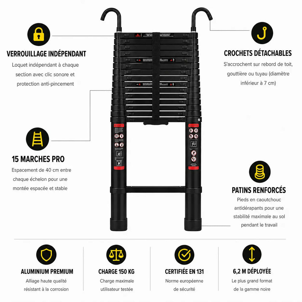 Échelle Télescopique 6,2m Noire Pro — photo 2